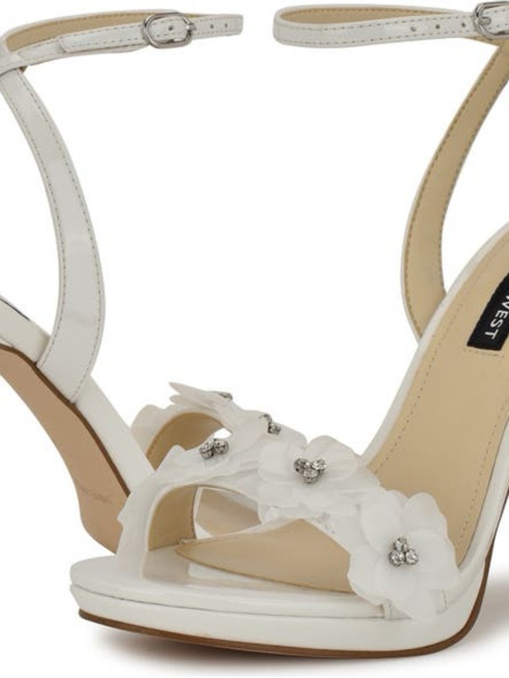 Nine West White Floral Ankle-Strap Heels with Crystal Centers